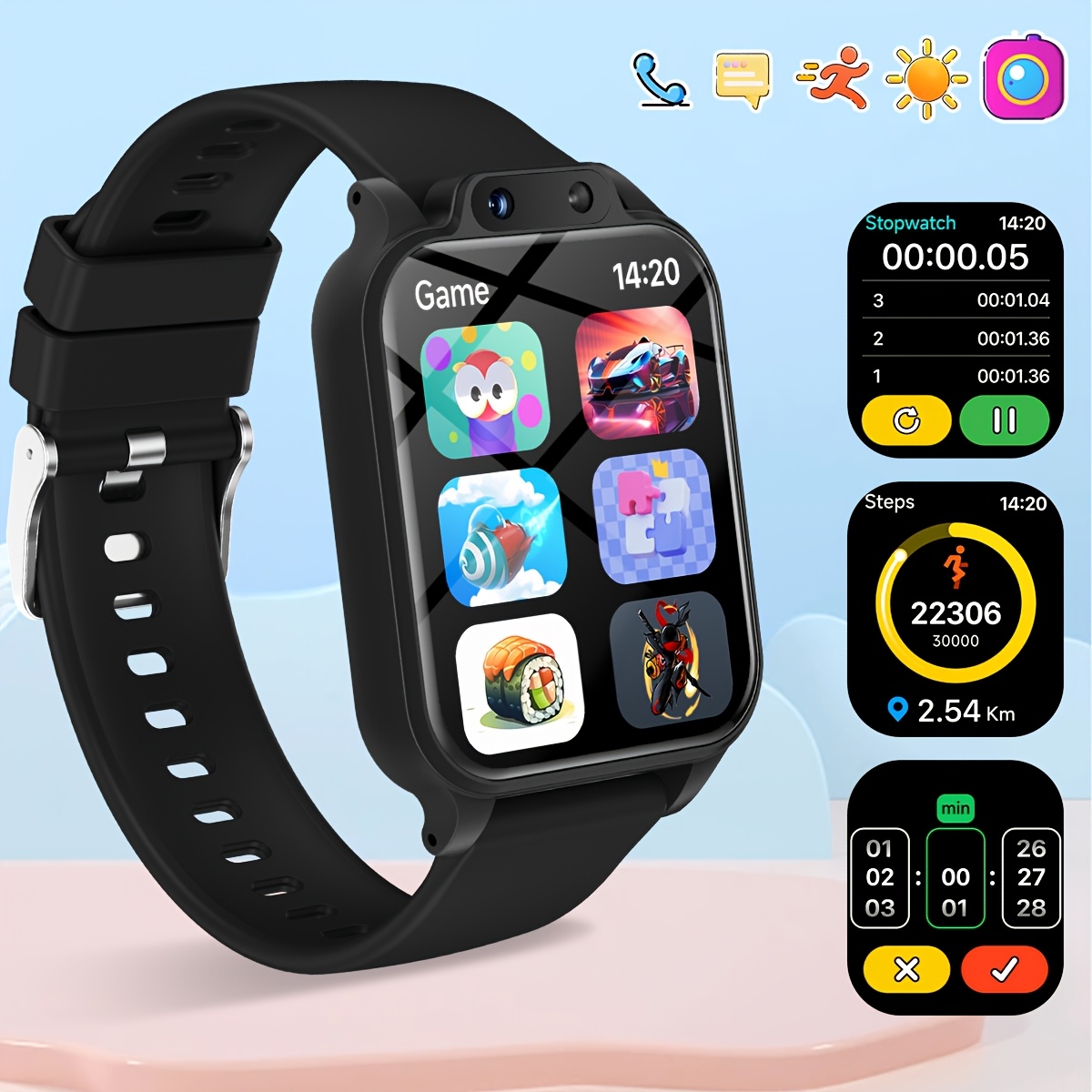 Smartwatch Watches For Kids - 18種類の教育ゲーム、HD自撮り対応、カメラ、USB充電、フォトアルバム、歩数計を搭載した若者向けスマートウォッチ